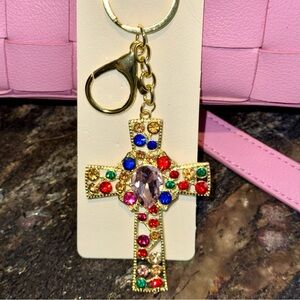 Rhinestones Cross Keychain Bag Charm NIP Multicolor Gold Tone handbag key ring